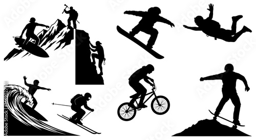 Extreme Sports Silhouette Set: Surfing, Snowboarding, Climbing, Skiing, and More