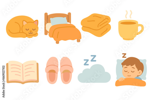 Cozy Lazy Day Icons. Flat vector mini-illustrations lazy day in colors children's illustrations: sleeping cat, cozy bed, warm