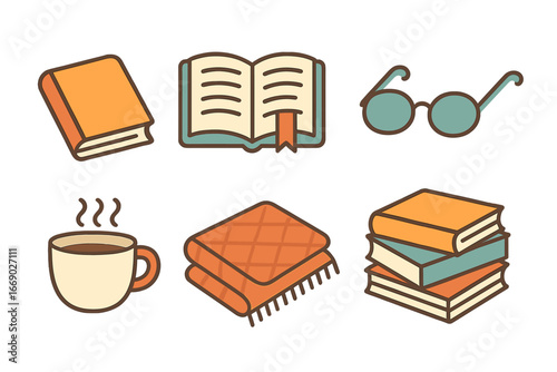 Cozy Reading Essentials. Flat vector mini-illustrations paperback in colors children's illustrations: paperback book, flexible