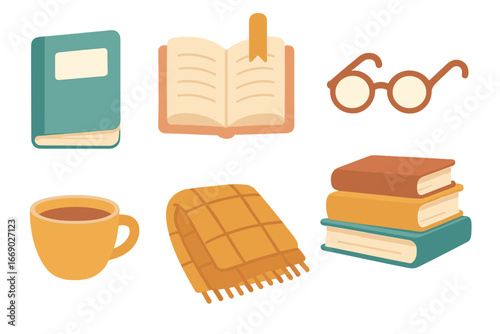 Cozy Reading Essentials. Flat vector mini-illustrations paperback in colors children's illustrations: paperback book, flexible