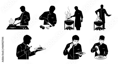 Black and White Chef Icons Preparing Food with Skillful Technique
