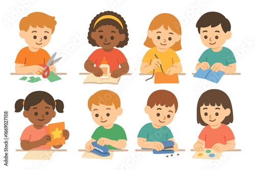 Crafting Fun Icons. Flat vector mini-illustrations crafting and binding in colors children's illustrations: child cutting paper,