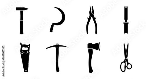 Assorted Black and White Tools Silhouette Vector Set Illustration
