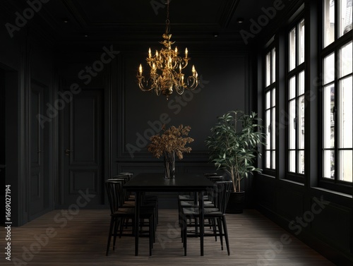 A dark, opulent dining room...