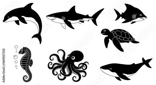 Monochrome Marine Life: A Stylish Collection of Oceanic Creatures
