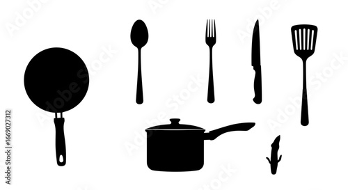 Kitchen Utensils Silhouette: Culinary tools for cooking preparation.