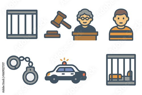Crime Icons for Kids. Flat vector mini-illustrations crime punishment in colors children's illustrations: jail bars, gavel,