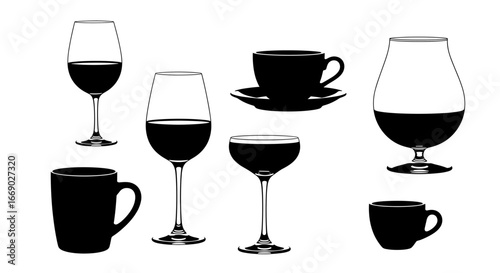 Elegant black and white assortment of glasses and mugs artwork