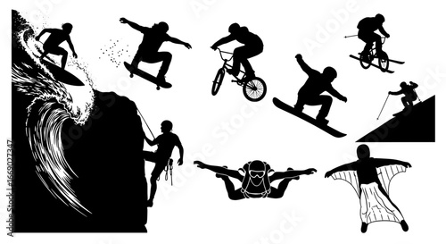 Extreme Sports Black Silhouettes: Surfing, Climbing, Skateboarding, Skiing, and More
