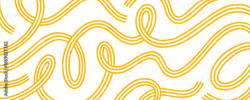 Spaghetti doodle pattern background. Squiggle yellow lines banner design. Graphic Italian pasta bg with funky crayon lines. Doodle pasta illustration. Wavy abstract spaghetti wallpaper.