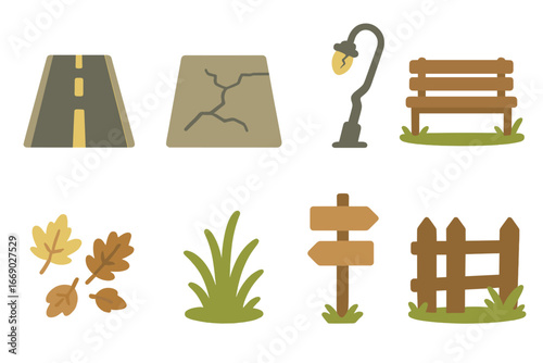 Desolate Street Icons. Flat vector mini-illustrations deserted streets in colors children's illustrations: empty road, cracked