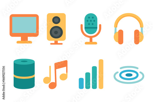 Digital Sound Icons. Flat vector mini-illustrations digital echo in colors children's illustrations: computer speaker, sound waves