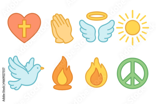 Devotion Icons for Children. Flat vector mini-illustrations Symbols of devotion in colors children's illustrations: heart with