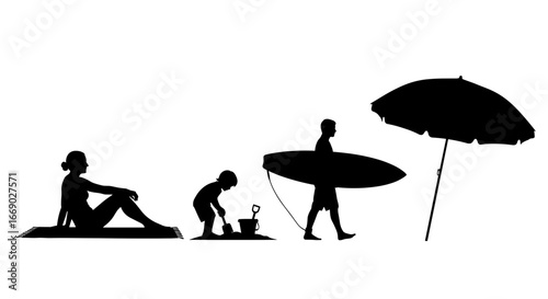 Beach Day Silhouettes: Sunbathing, Playing, Surfing, and Shade Umbrella