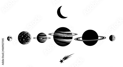 Graphic black and white solar system planets design