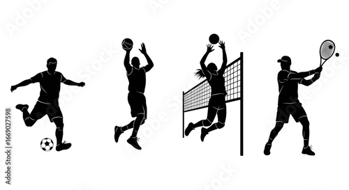 Diverse Athletes Silhouetted, Playing Soccer, Basketball, Volleyball and Tennis Game