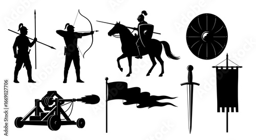 Medieval Warrior Silhouettes: Knight, Archer, Spearman, Siege Engine