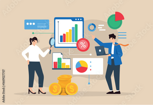 Economic impact analysis, assessing effects of economy changes, macroeconomic, forecasting concept vector illustration, business analyst analyzing indicators	