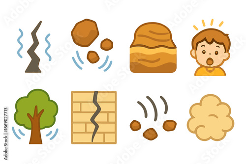 Earthquake Icon Illustrations. Flat vector mini-illustrations sudden jolts in colors children's illustrations: earthquake crack,