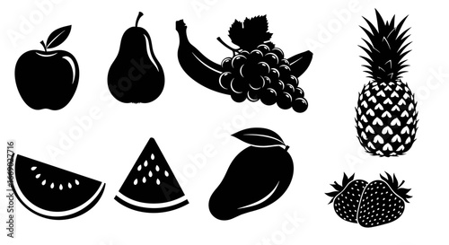 Black and White Fruit Assortment: Icon Set for Healthy Eating
