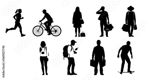 Diverse group of people engaged in various activities in silhouette