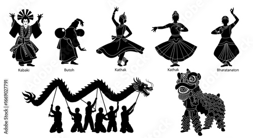Diverse dance traditions depicted as black and white silhouette illustrations