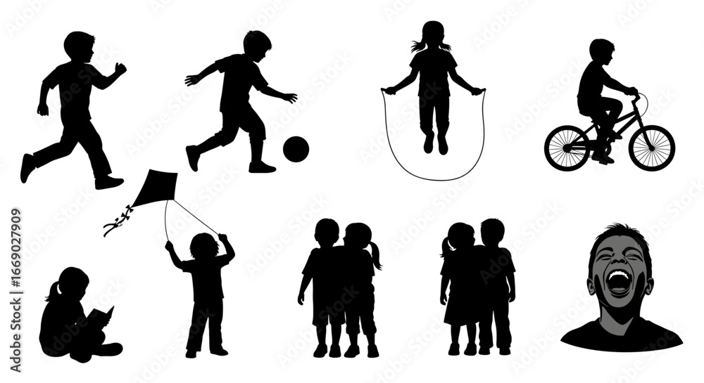 Obraz premium Children's Silhouettes Playing: A Montage of Childhood Activities in Black