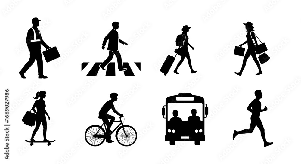 Fototapeta premium Black and White Silhouettes of People Engaging in Various Activities