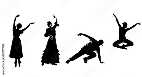 Silhouettes of dancers showcasing ballet, flamenco, breakdance and jazz dance moves.