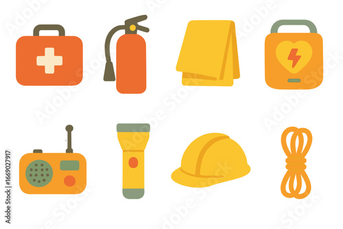 Emergency Equipment Icons. Flat vector mini-illustrations emergency equipment in colors children's illustrations: first aid kit,