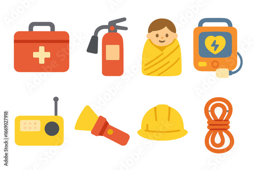 Emergency Equipment Icons. Flat vector mini-illustrations emergency equipment in colors children's illustrations: first aid kit,