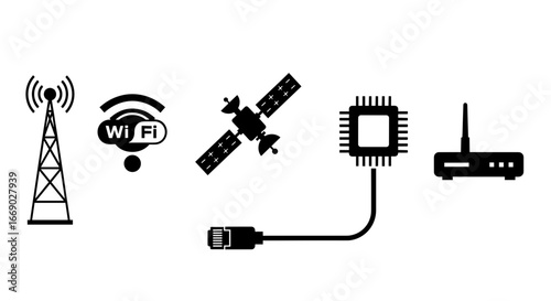 Connectivity Icons Depicting Wireless, Satellite, Cable, and Microchip Technology
