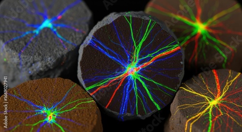 Fluorescent mineral veins visible under hyperspectral imaging revealing compositional variations through falsecolor spectral mapping in core samples.