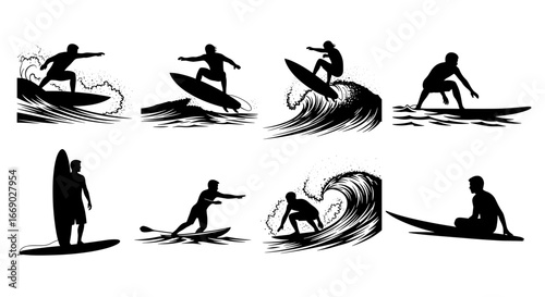 Surfing Silhouette Set: Extreme Water Sport Adventures Illustration Pack
