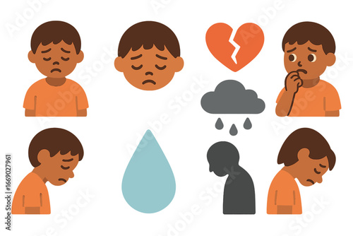 Emotional Child Icons. Flat vector mini-illustrations guilt in colors children's illustrations: sad child, downcast eyes, broken