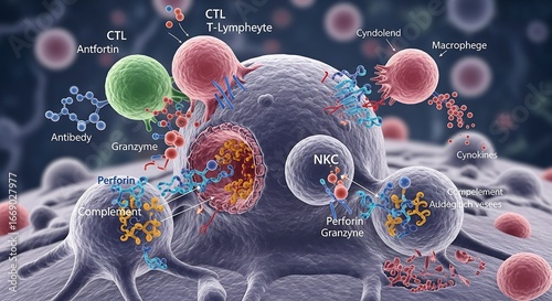 Advanced scientific visualization of the immune system's response, showing various immune cells targeting and destroying a cancer cell