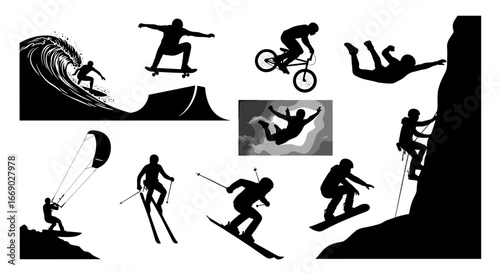 Extreme Sports Silhouette Collection: Adrenaline-Fueled Outdoor Activities in Black and White