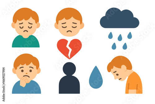 Emotional Child Icons. Flat vector mini-illustrations guilt in colors children's illustrations: sad child, downcast eyes, broken