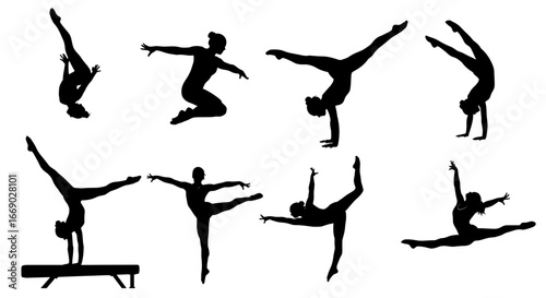 Dynamic gymnastics silhouette collection against white, a demonstration of skill