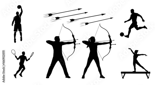 Diverse athletic pursuits showcased in silhouette, displaying dynamic movement and skill