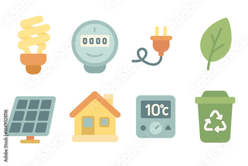 Energy Conservation Icons. Flat vector mini-illustrations energy conservation in colors children's illustrations: energy-saving