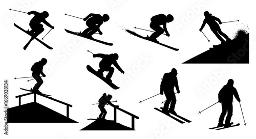 Dynamic Black Skiing Silhouettes Set Against White Background Illustration