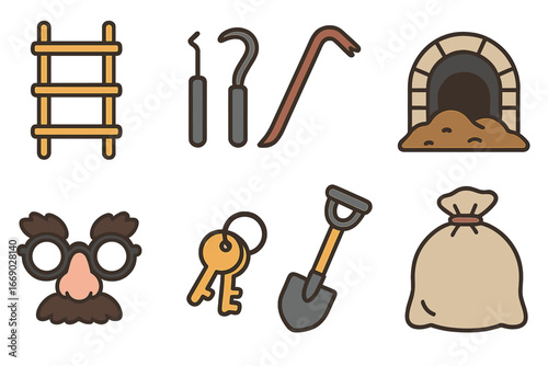 Escape Tools Icons. Flat vector mini-illustrations prison escape tools in colors children's illustrations: rope ladder, lock pick,