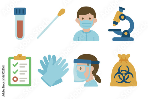 Epidemic Testing Icons. Flat vector mini-illustrations epidemic testing in colors children's illustrations: test tube, nasal swab,