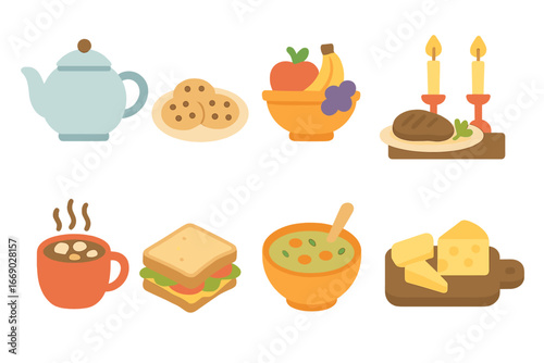 Evening Foods Icons. Flat vector mini-illustrations evening foods in colors children's illustrations: teapot, cookie plate, fruit