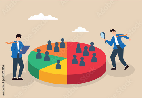 Flat illustration of business people analyzing demographic data on pie chart for customer segmentation market targeting and advertising strategy	
