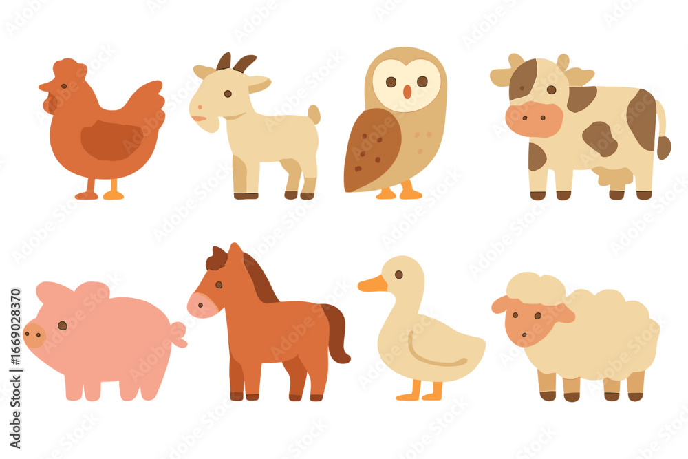 Fototapeta premium Farm Animals Icons. Flat vector mini-illustrations rustic animals in colors children's illustrations: farm chicken, goat, barn owl