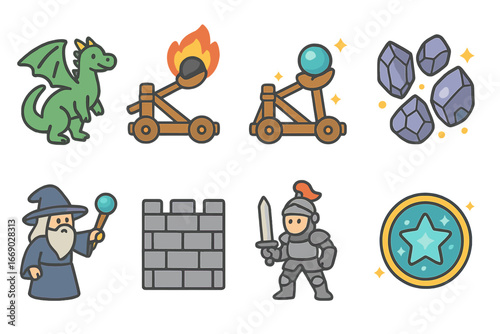 Fantasy Catapult Icons. Flat vector mini-illustrations catapult in fantasy in colors children's illustrations: dragon, fireball