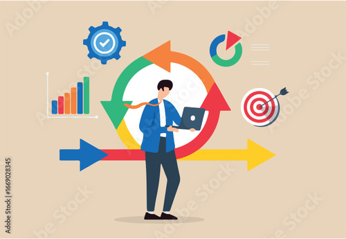 Guiding organizations through transitions, managing resistance and organizational concept vector illustration. Business analyst leading change management process	
