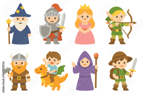 Fantasy Heroes Icons. Flat vector mini-illustrations fantasy heroes in colors children's illustrations: wizard, knight, princess,